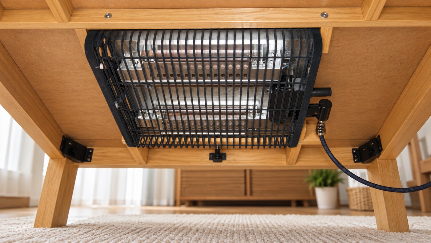 A kotatsu heater with a protective grille and power cord is mounted beneath a wooden table.