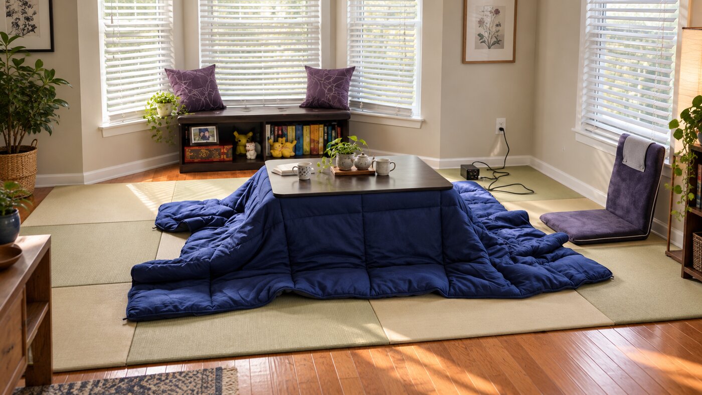 A kotatsu table with a blue comforter and tea set sits on tatami mats in a sunlit room.